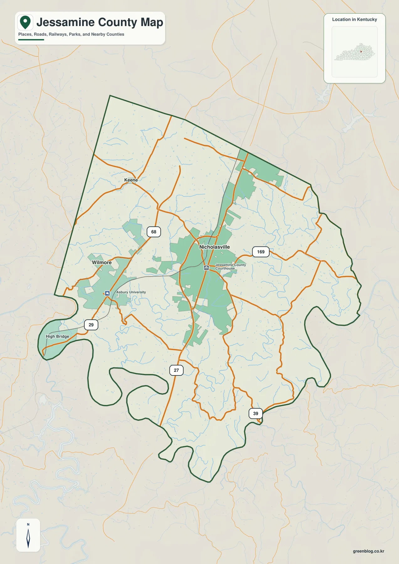 Jessamine County map showing Nicholasville, Wilmore, Keene, U.S. 27, and major routes
