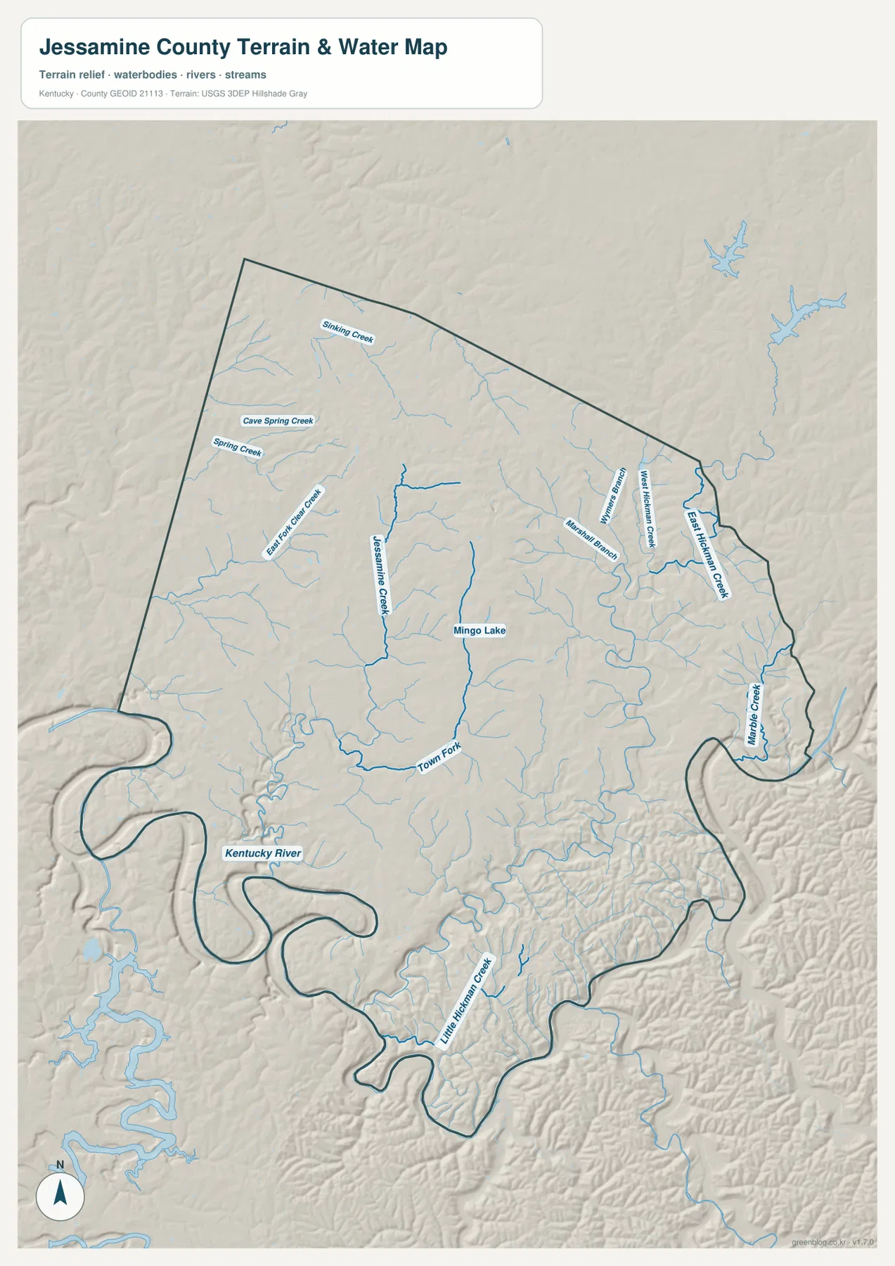 Jessamine County water map showing Kentucky River, Jessamine Creek, Hickman Creek branches, Marble Creek, and Mingo Lake