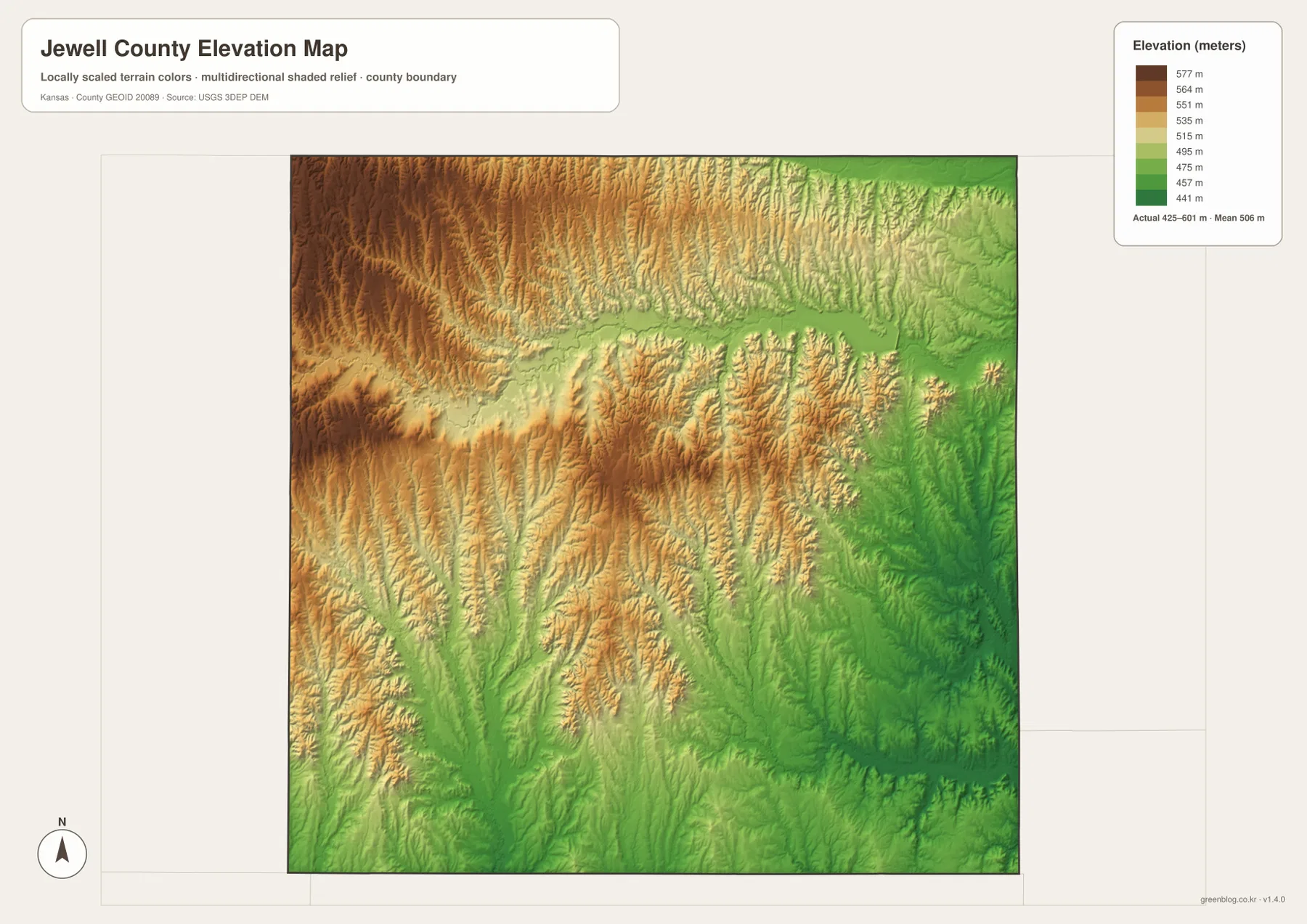 Jewell County elevation map showing the 425–601 meter range, higher western uplands, and lower White Rock Creek and eastern valleys