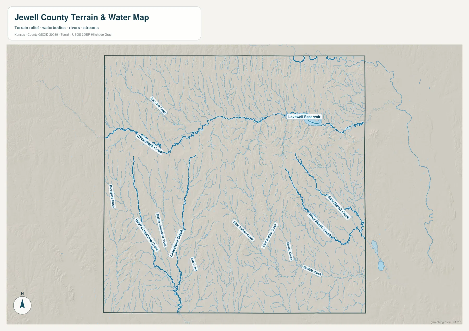 Jewell County terrain and water map showing Lovewell Reservoir, White Rock Creek, Bitter Creek, Limestone Creek, Marsh Creek, Buffalo Creek, and tributaries
