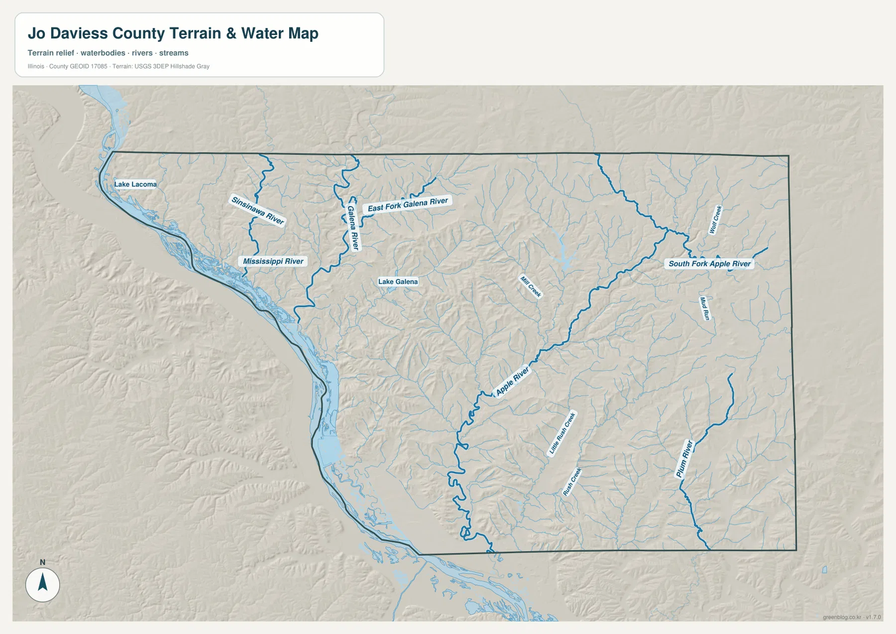 Jo Daviess County terrain and water map with the Mississippi and Apple rivers