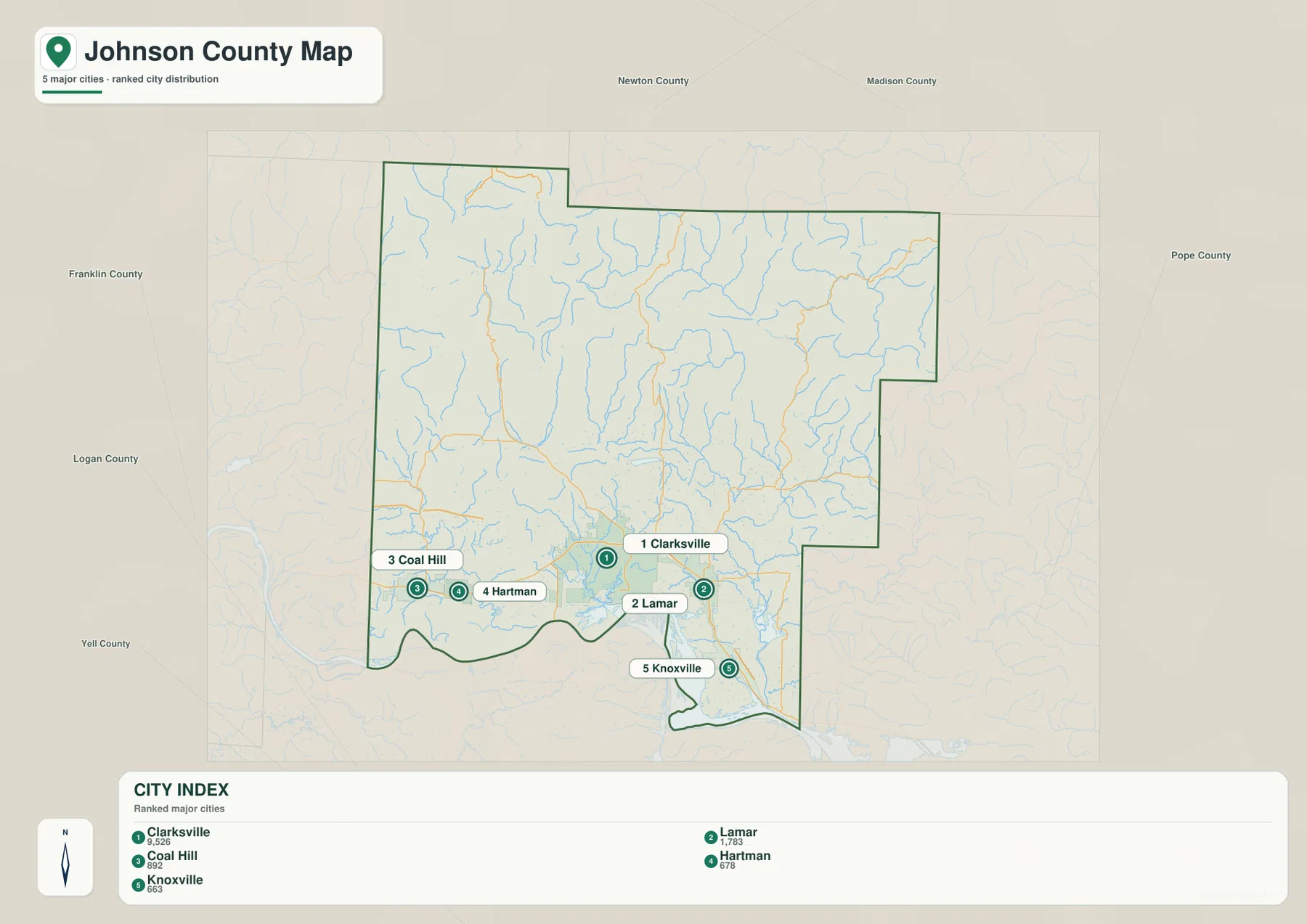 Johnson County city map showing ranked locations of Clarksville, Lamar, Coal Hill, Hartman and Knoxville