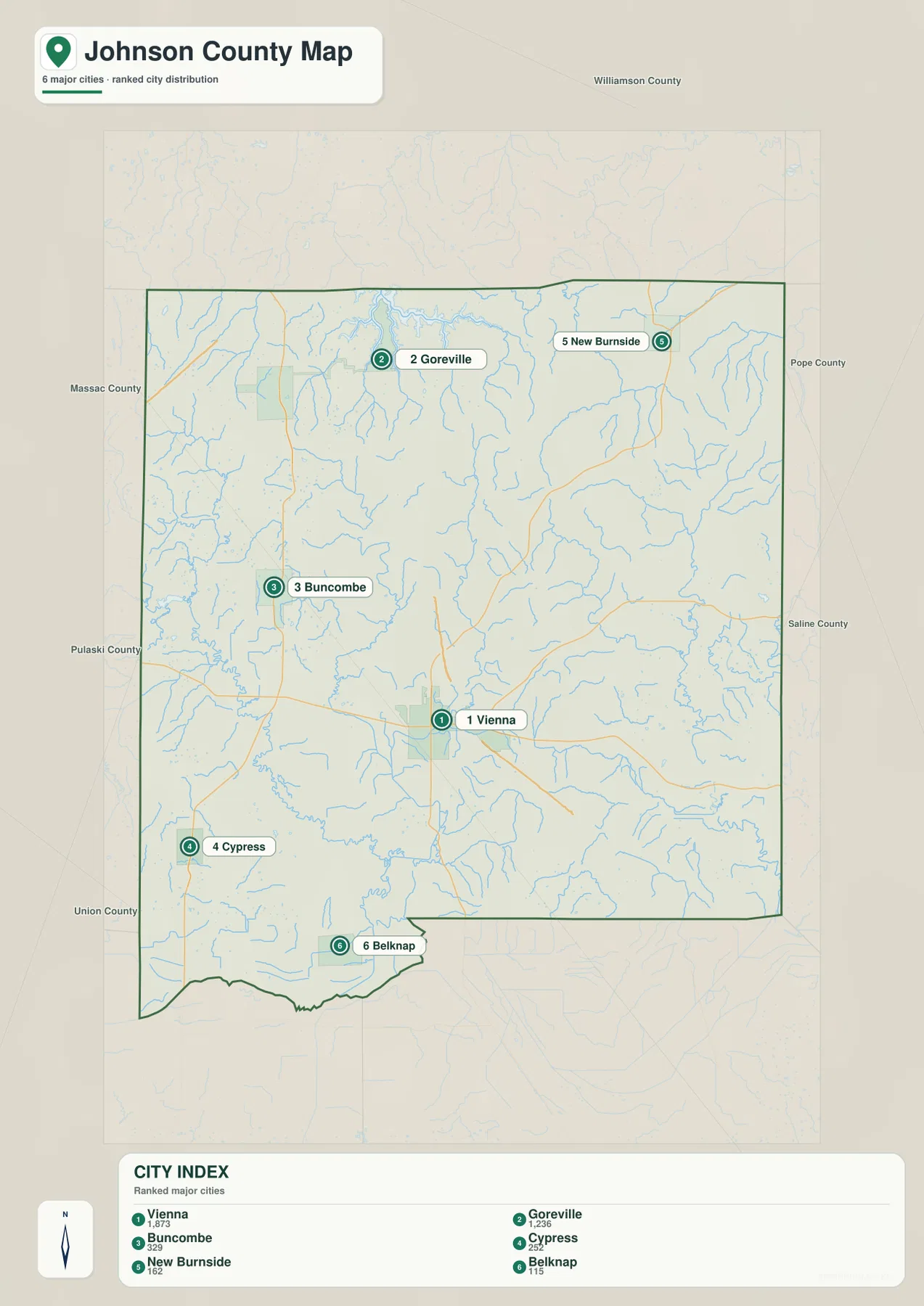 Johnson County Illinois community map for Vienna Goreville Buncombe Cypress New Burnside and Belknap