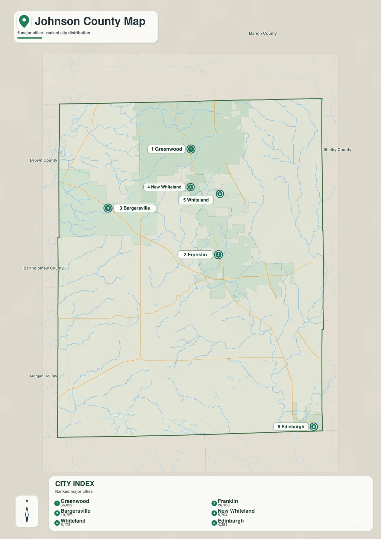 Johnson County 도시 인덱스 지도에 Greenwood, Franklin, Bargersville, New Whiteland, Whiteland, Edinburgh가 순위와 함께 표시된 모습