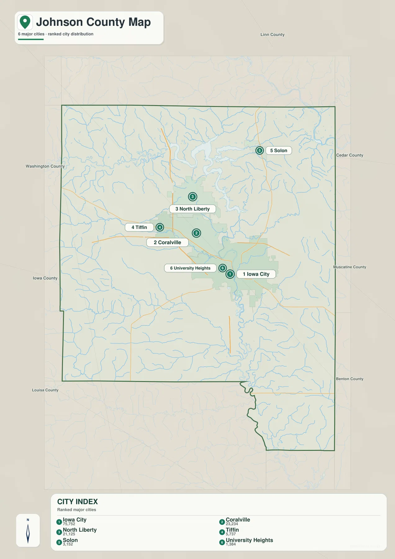 Johnson County Iowa city map Iowa City Coralville North Liberty Tiffin Solon University Heights