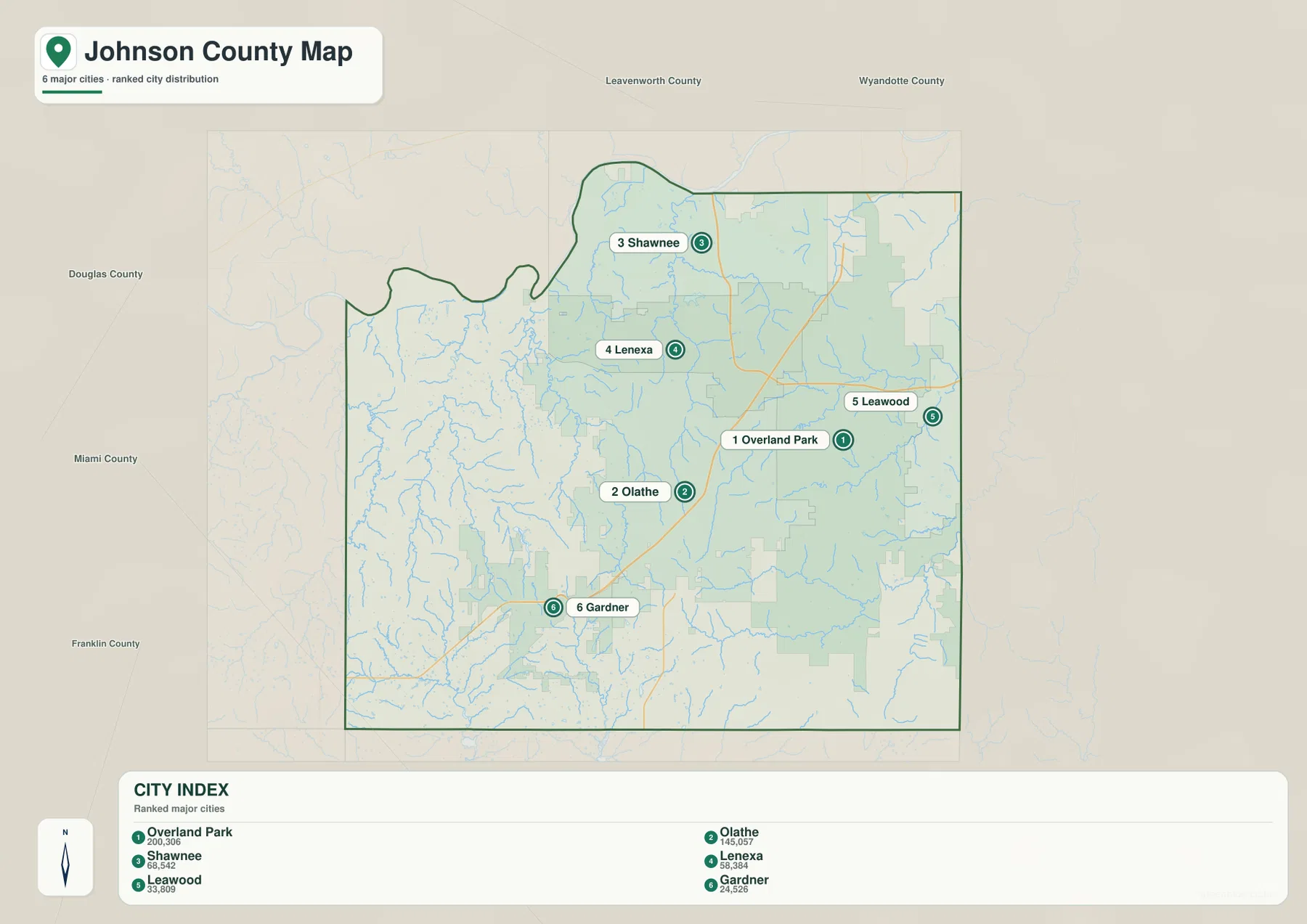 Johnson County city map showing Overland Park, Olathe, Shawnee, Lenexa, Leawood, and Gardner with ranked city distribution