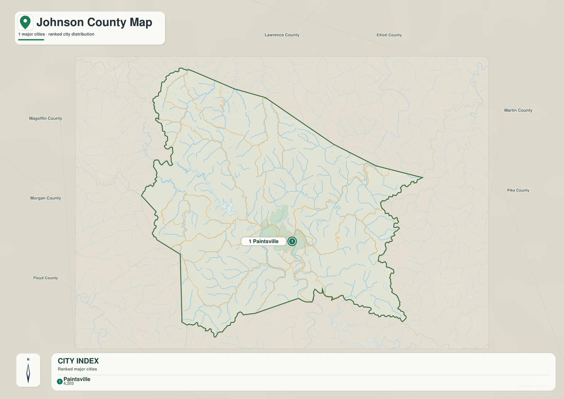 Johnson County city map with Paintsville marked as the only ranked major city