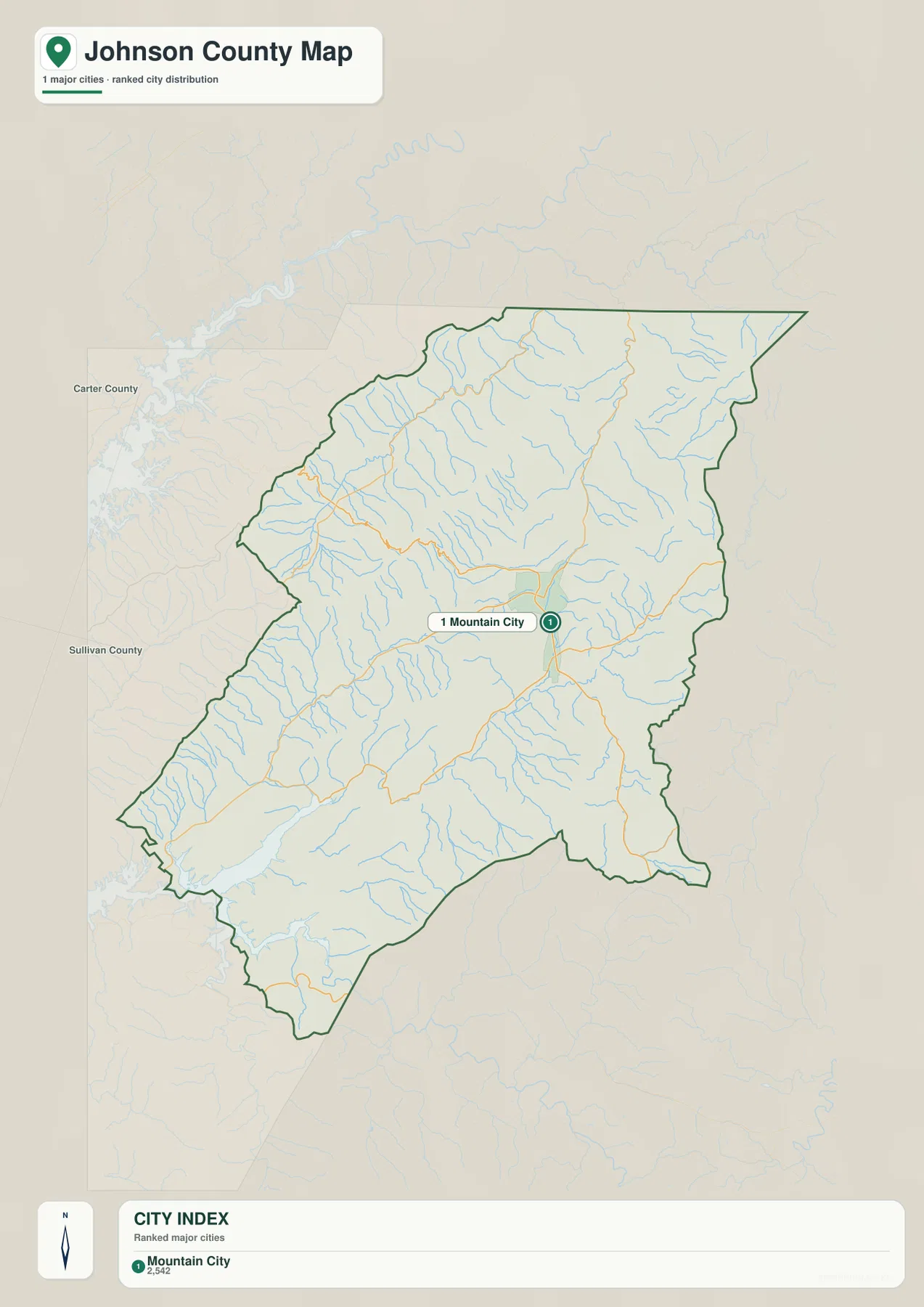Johnson County Tennessee city map showing Mountain City within the mountainous county outline