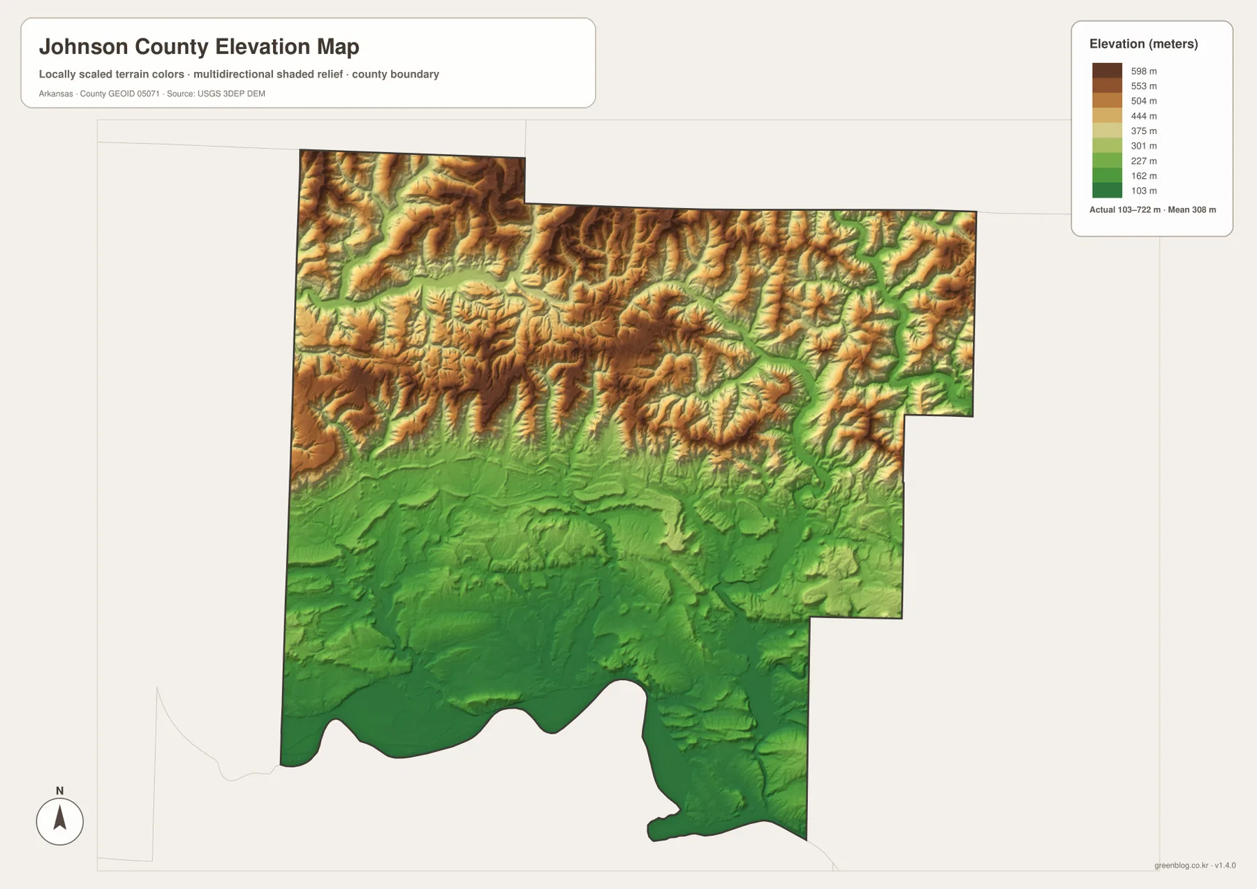 Johnson County Arkansas elevation map showing a 103 to 722 meter range from southern river valley to northern Boston Mountains