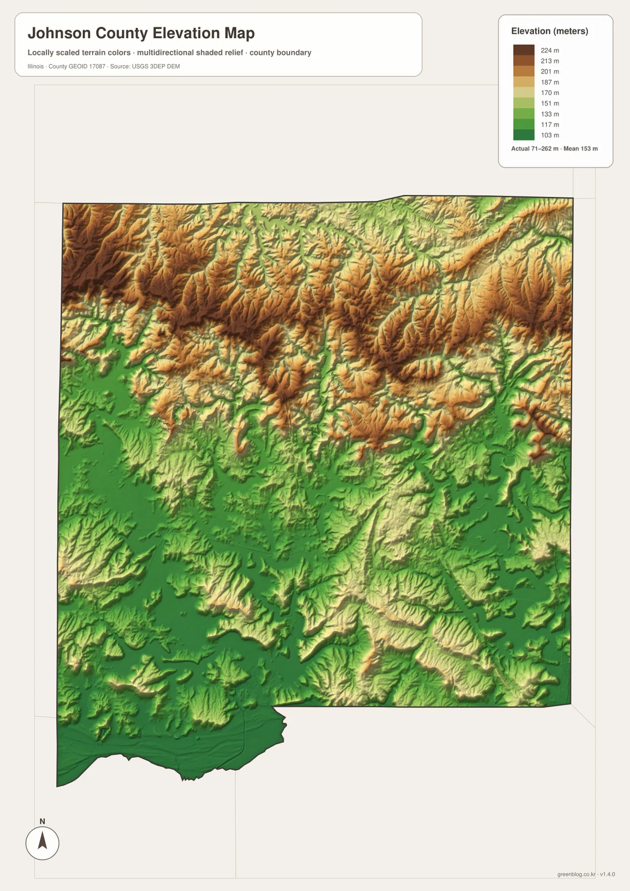 Johnson County Illinois elevation map showing northern ridges and southern Cache River lowlands