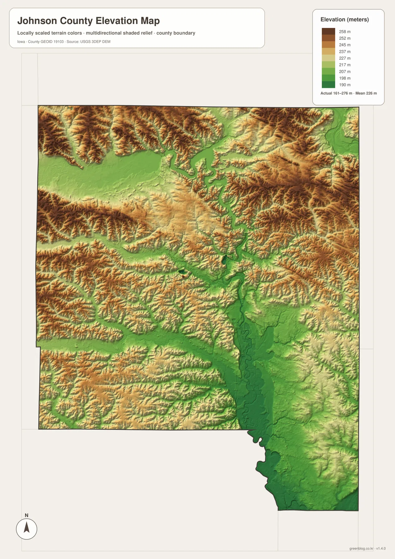 Johnson County Iowa elevation map 161 276 meters Iowa River Coralville Lake ridges