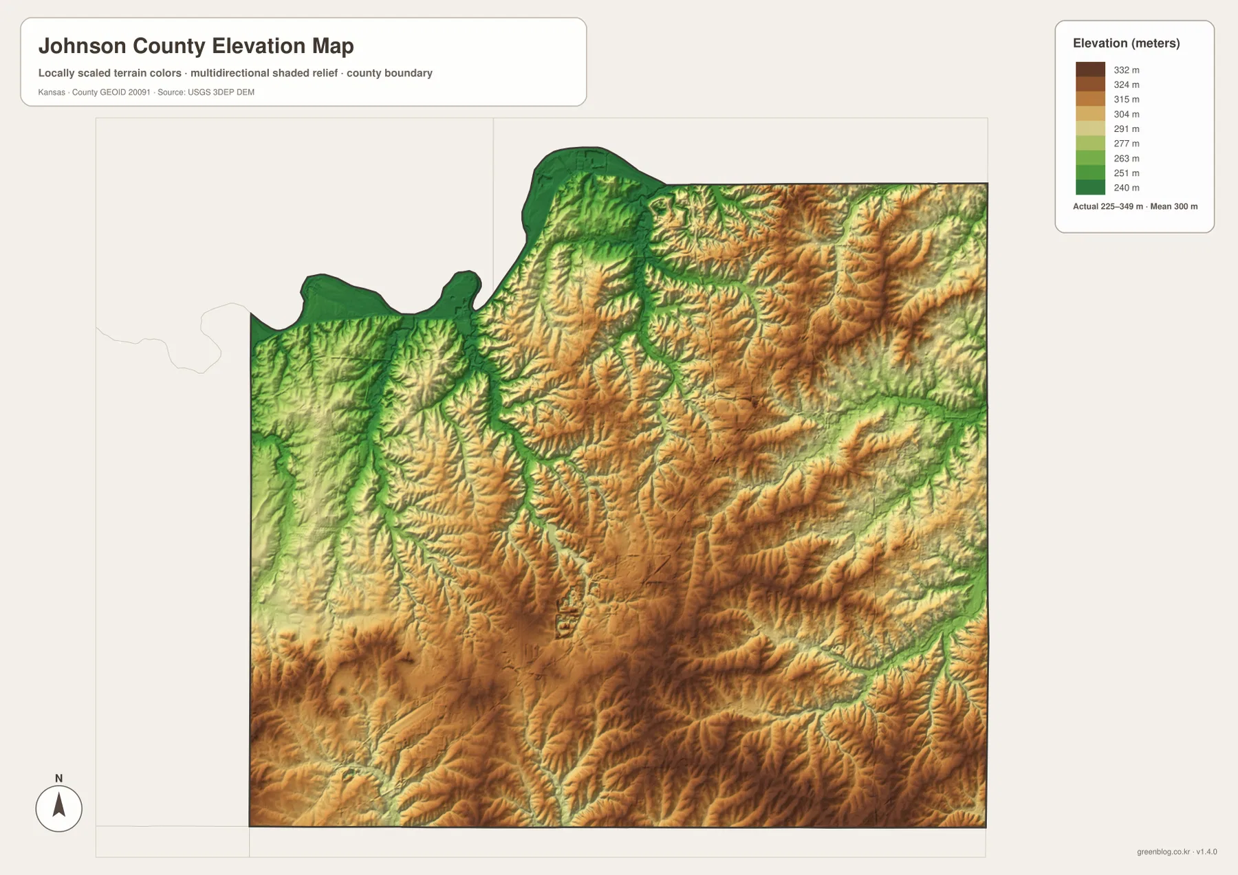 Johnson County elevation map showing the 225–349 meter range, Kansas River and Blue River lowlands, and higher central and southern uplands
