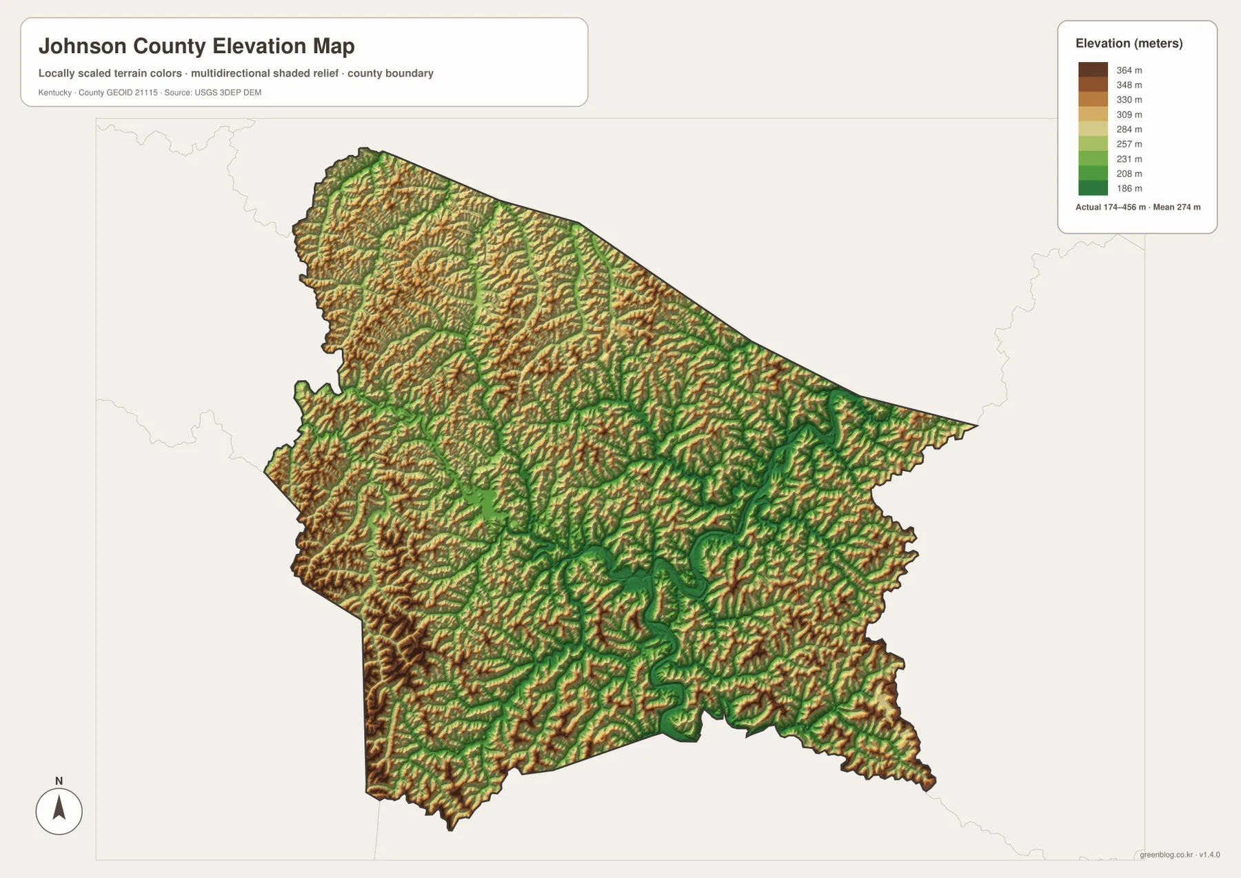 Johnson County elevation map showing an actual range of 174 to 456 meters and a mean of 274 meters