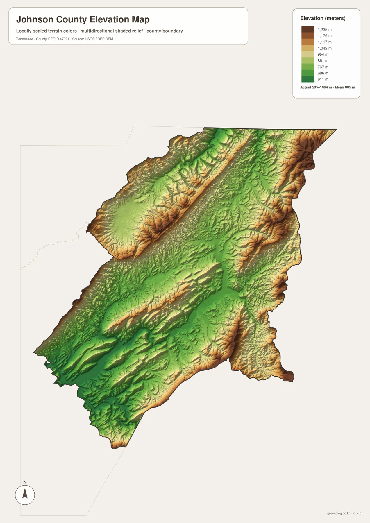 Johnson County Tennessee elevation map showing 595 to 1664 meter relief, Mountain City valley, Watauga Lake lowlands and high ridges