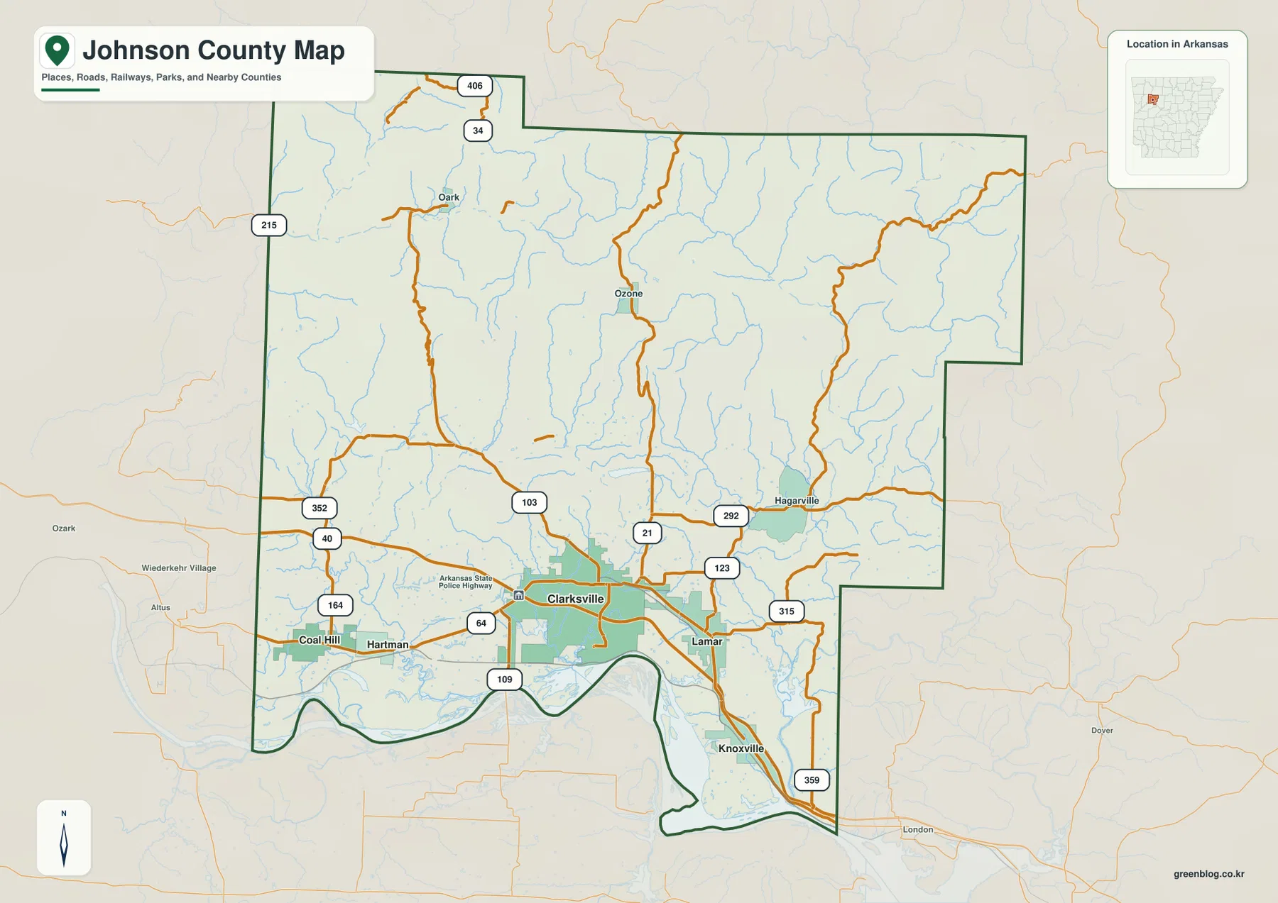 Johnson County Arkansas map showing Clarksville, Lamar, Hartman, Coal Hill, Knoxville and major roads