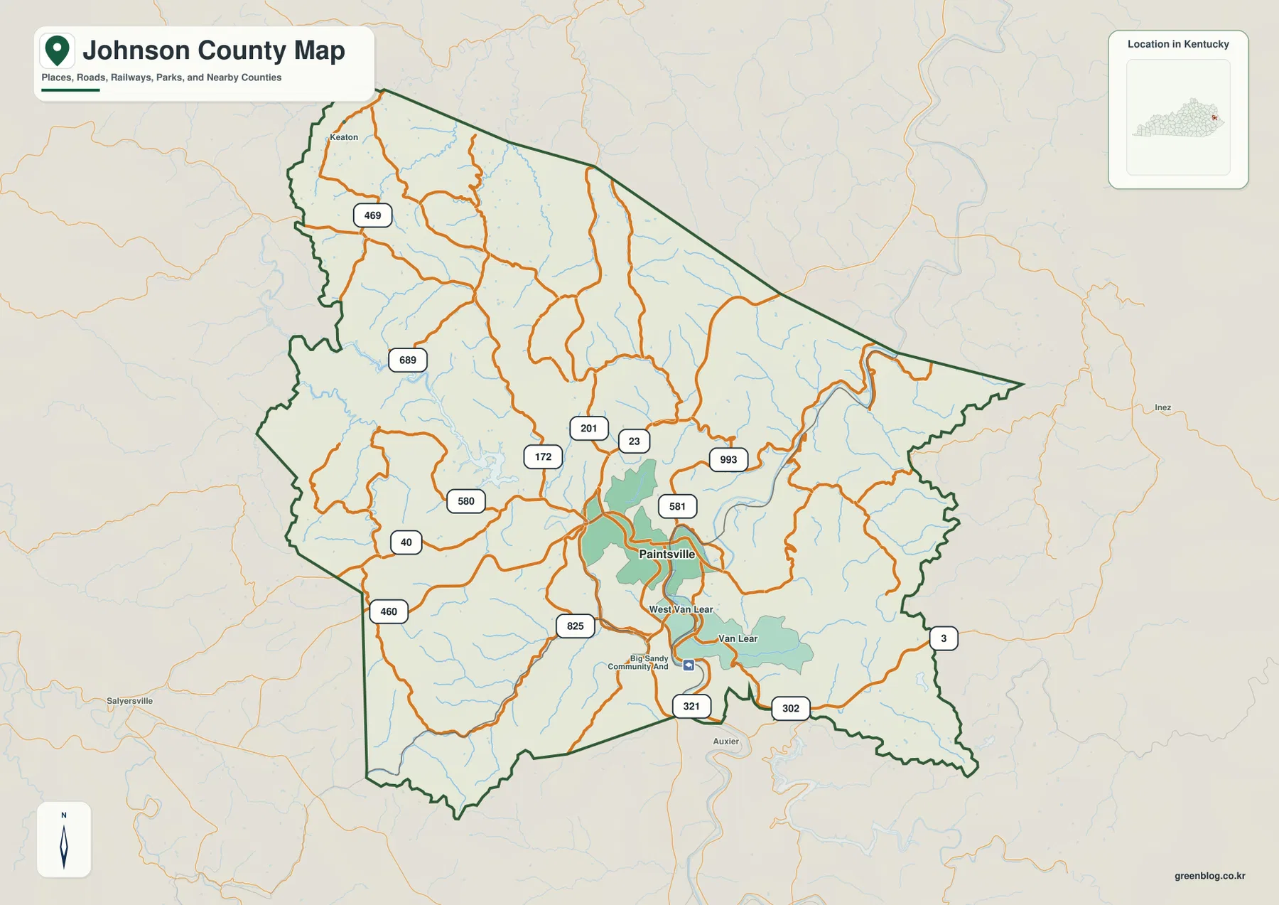 Johnson County Kentucky map showing Paintsville, Van Lear, U.S. 23, U.S. 460, and major roads