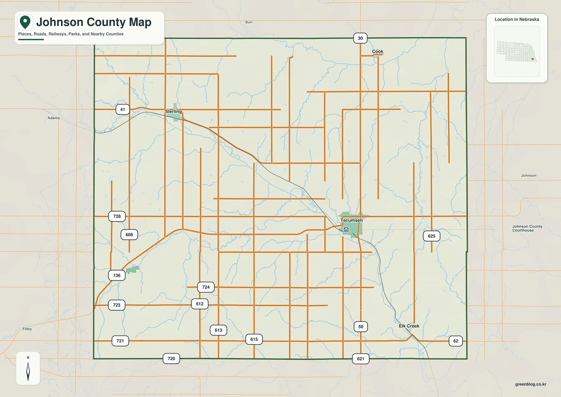 네브래스카주 Johnson County에서 Tecumseh, Sterling, Cook, Elk Creek과 U.S. 136, Highway 50, 41, 30, 62를 표시한 카운티 지도