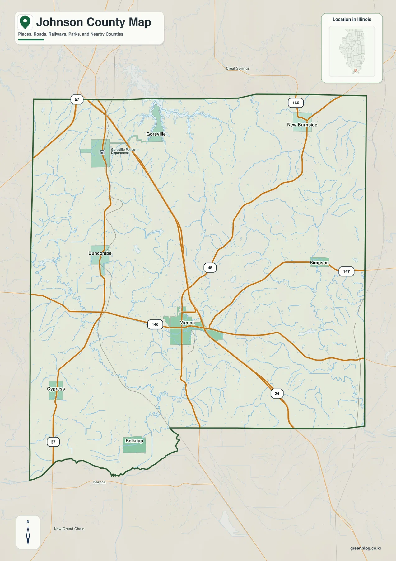 Johnson County Illinois road and boundary map centered on Vienna