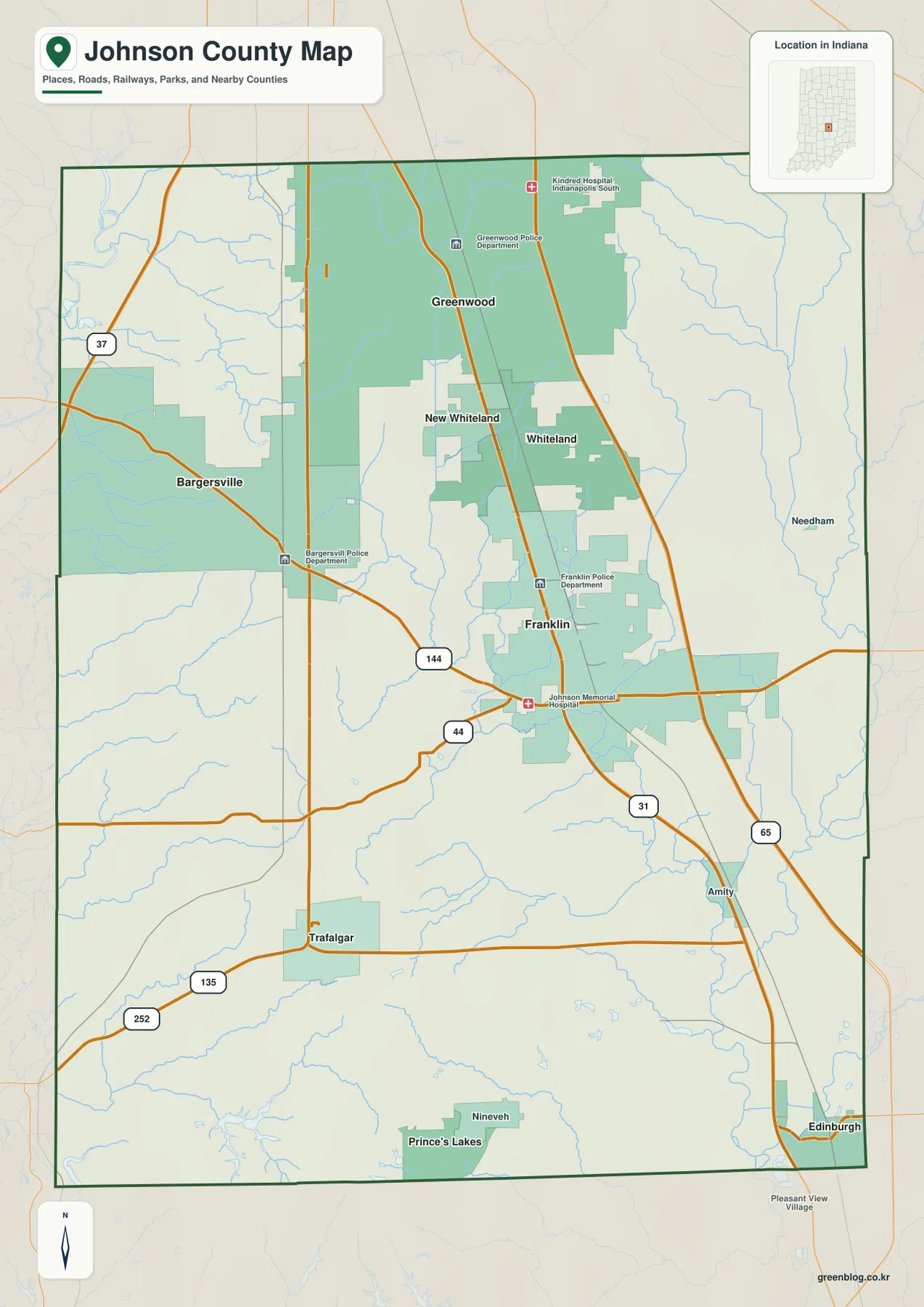 인디애나주 Johnson County 일반 지도에 Greenwood, Franklin, Bargersville, New Whiteland, Whiteland, Trafalgar, Edinburgh와 주요 도로가 표시된 모습