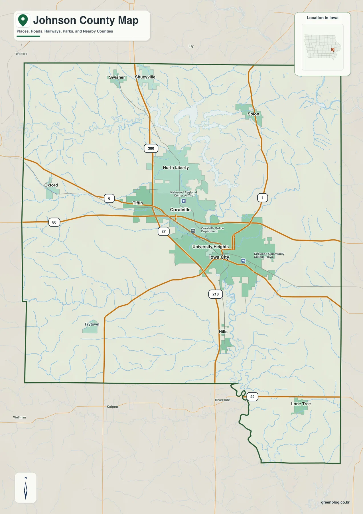 Johnson County Iowa map Iowa City Coralville North Liberty I-80 I-380