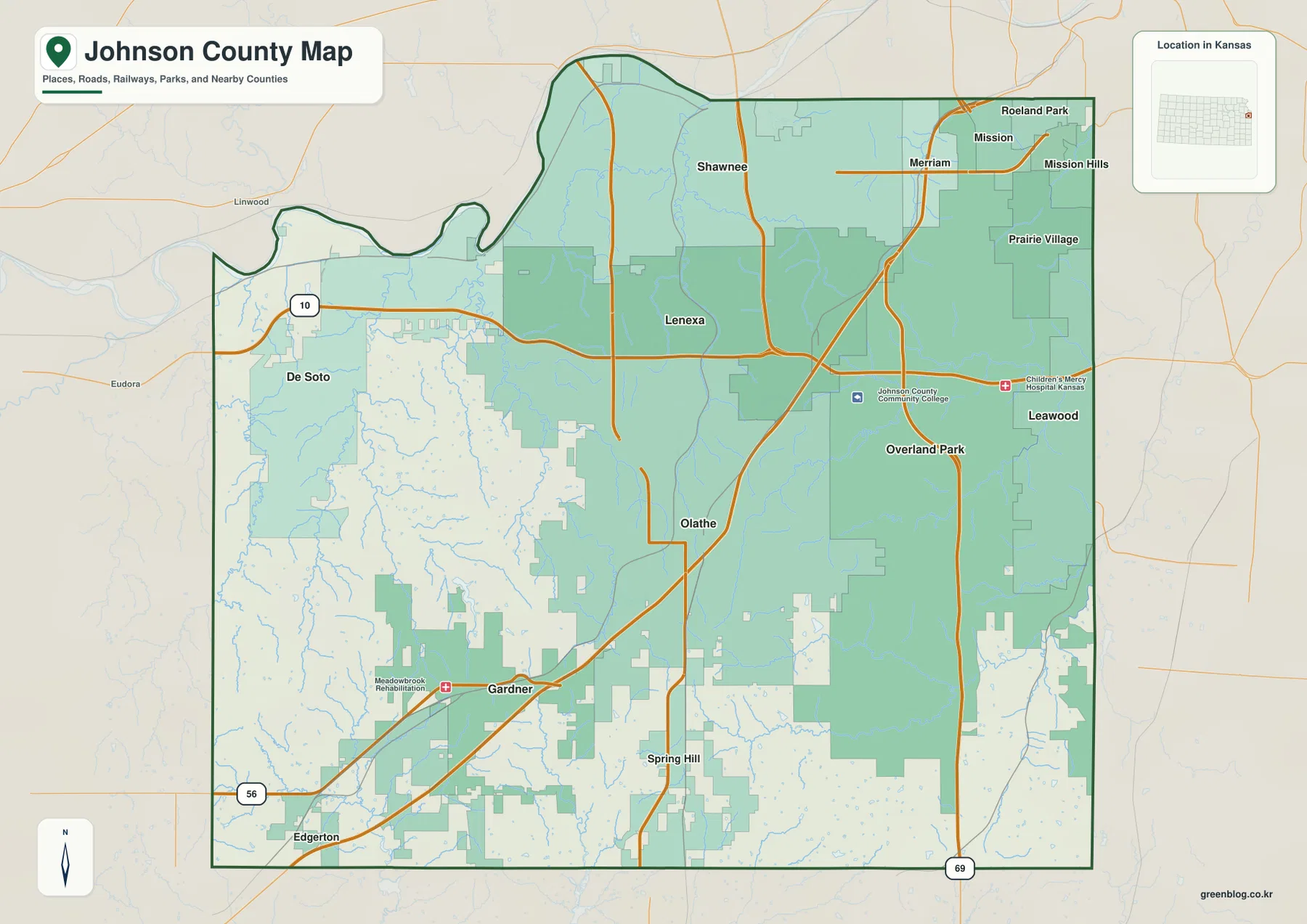 Johnson County Kansas general map showing Olathe, Overland Park, Shawnee, Lenexa, Leawood, Gardner, De Soto, I-35, K-10, U.S. 69, and major roads