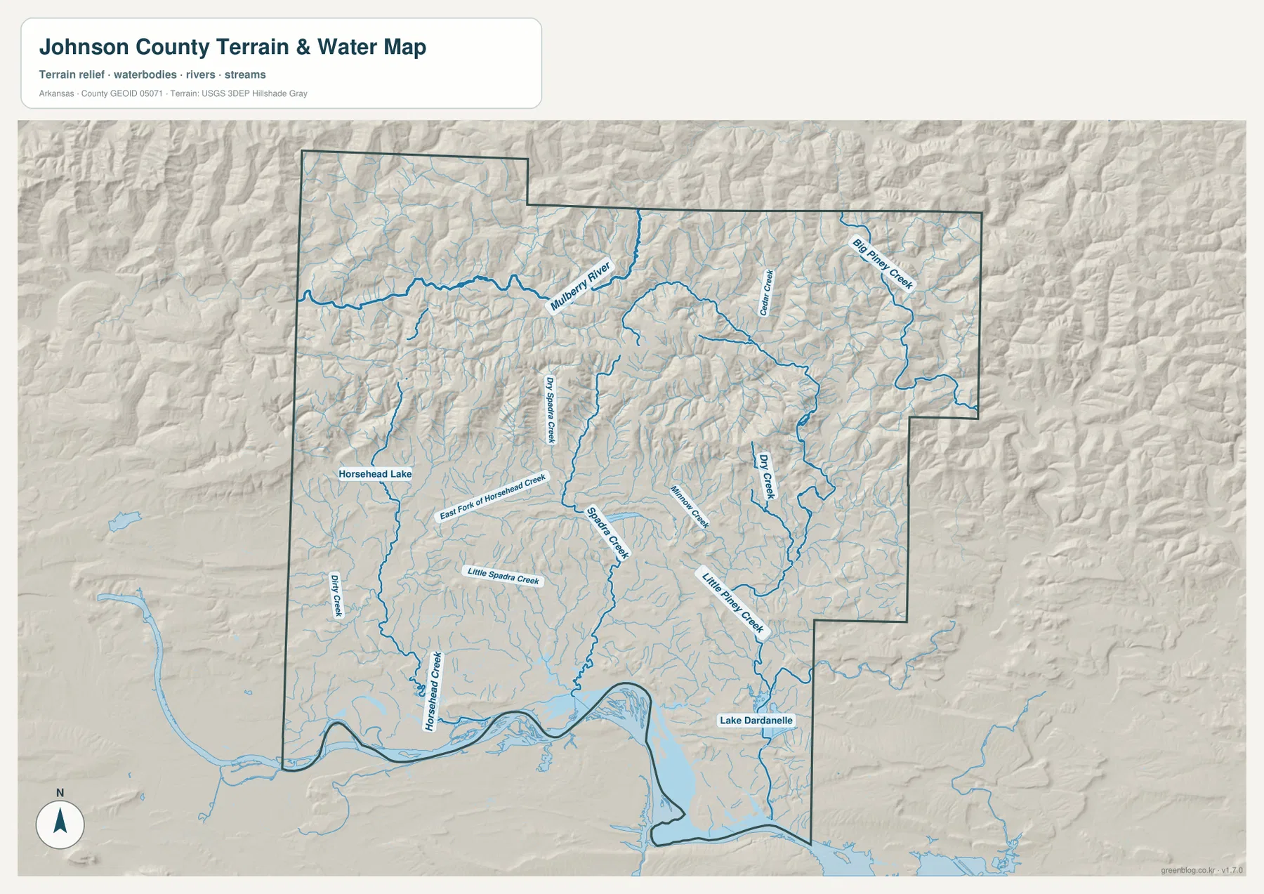 Johnson County terrain and water map showing Mulberry River, Big Piney Creek, Spadra Creek, Horsehead Creek and Lake Dardanelle