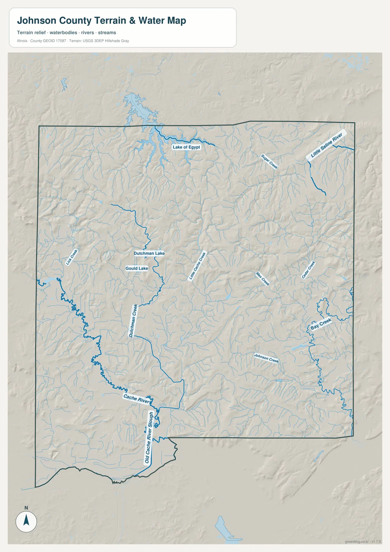 Johnson County Illinois terrain and water map with Lake of Egypt Little Saline River Dutchman Creek and Cache River