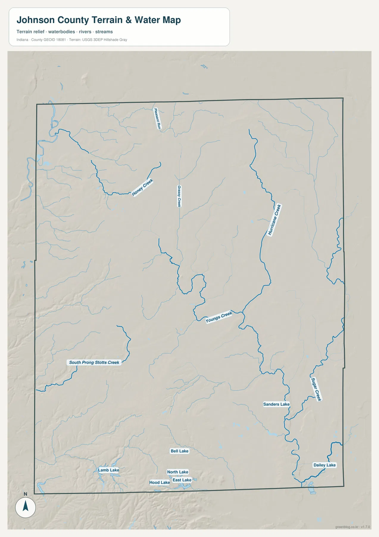 Johnson County 수역·지형 지도에 Honey Creek, Grassy Creek, Hurricane Creek, Youngs Creek, Sugar Creek와 여러 작은 호수가 표시된 모습