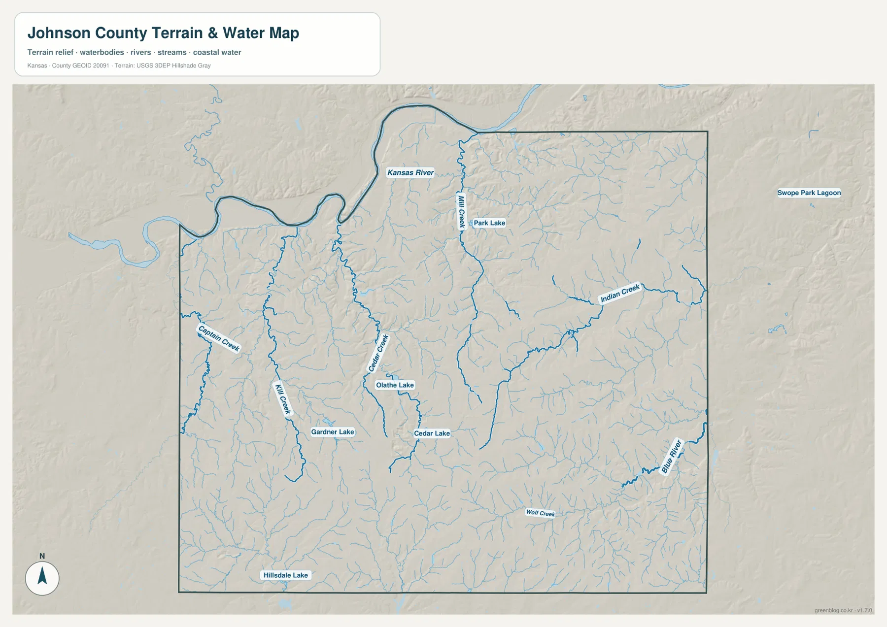 Johnson County terrain and water map showing Kansas River, Mill Creek, Kill Creek, Captain Creek, Cedar Creek, Indian Creek, Blue River, Olathe Lake, and Gardner Lake