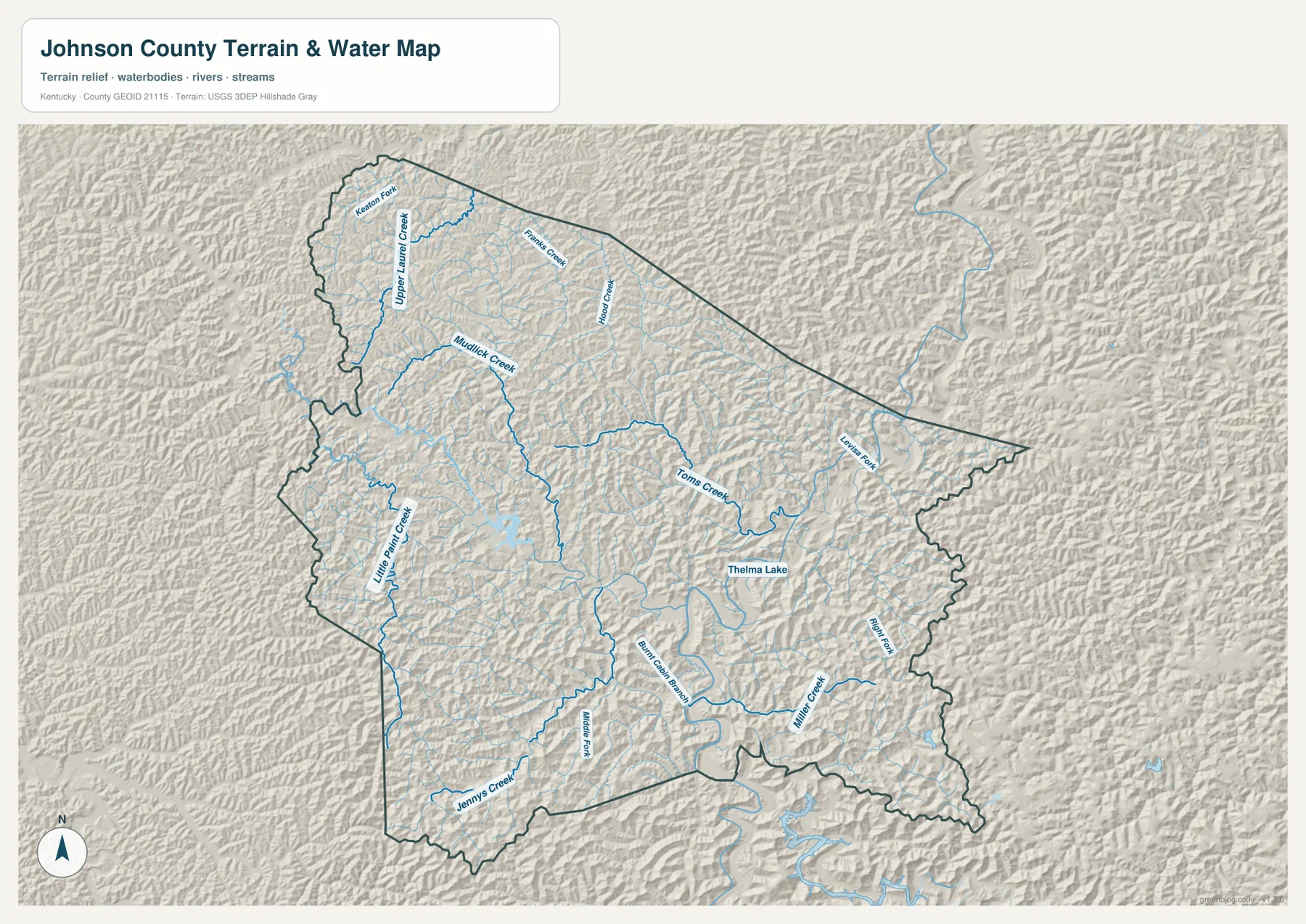 Johnson County water map showing Levisa Fork, Toms Creek, Mudlick Creek, Little Paint Creek, Miller Creek, and Thelma Lake