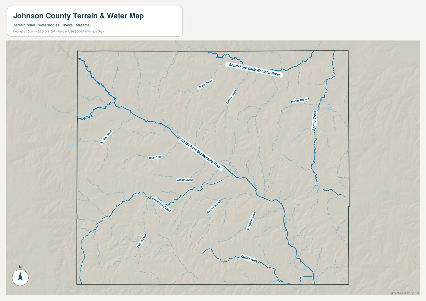 Johnson County의 North Fork Big Nemaha River, South Fork Little Nemaha River, Silver Creek, Akeley Creek, Spring Creek, Yankee Creek과 Todd Creek을 표시한 수역 지형 지도