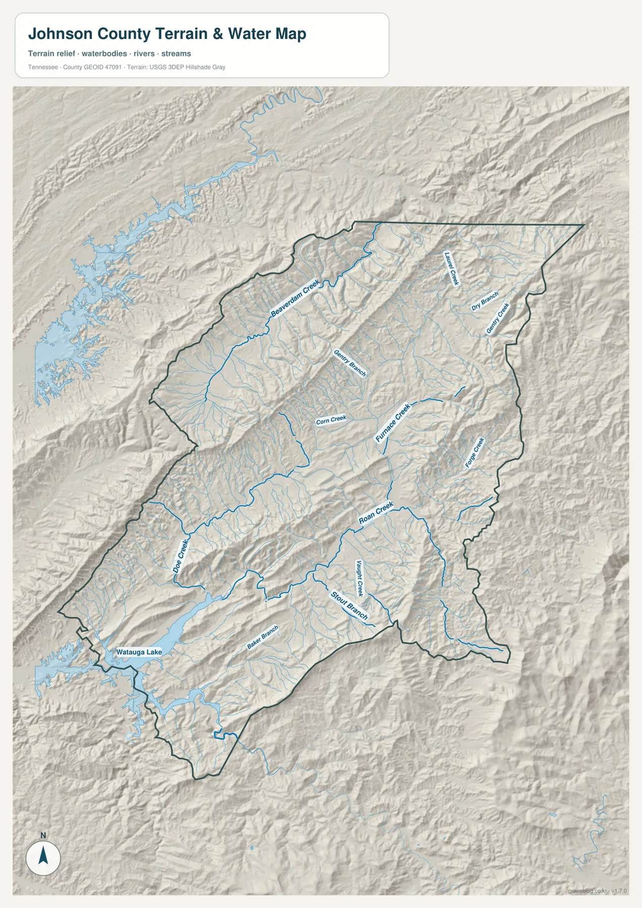 Johnson County Tennessee water map with Watauga Lake, Beaverdam Creek, Roan Creek, Doe Creek, Furnace Creek and tributaries