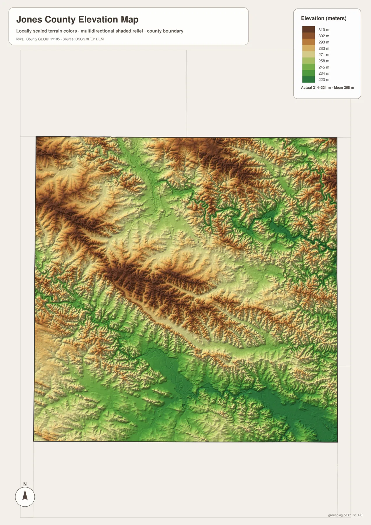 Jones County Iowa elevation map 214 331 meters Maquoketa River Bear Creek ridges