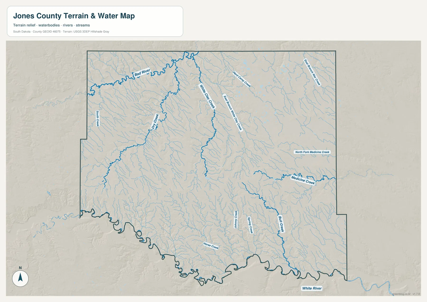 Jones County 수역 지형 지도에 White River, Medicine Creek, White Clay Creek, Bull Creek와 여러 지류가 표시된 모습