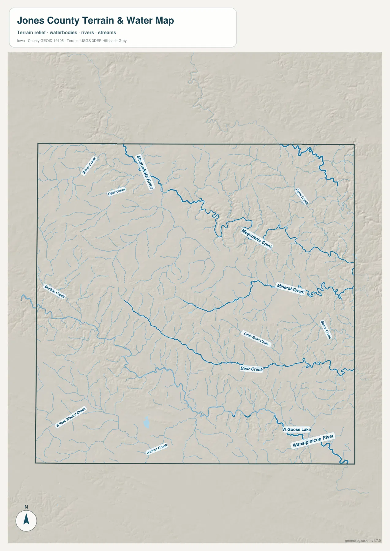 Jones County Iowa water map Maquoketa River Maquoketa Creek Mineral Creek Bear Creek