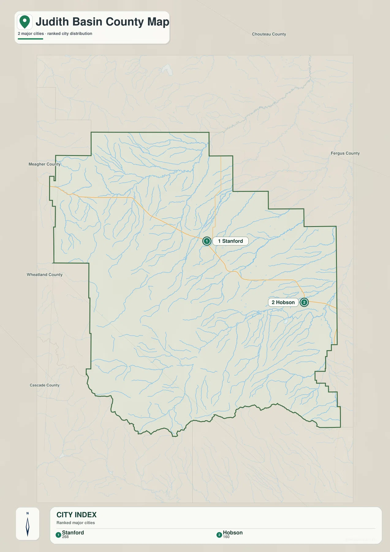 Judith Basin County city map showing Stanford and Hobson as the two ranked cities