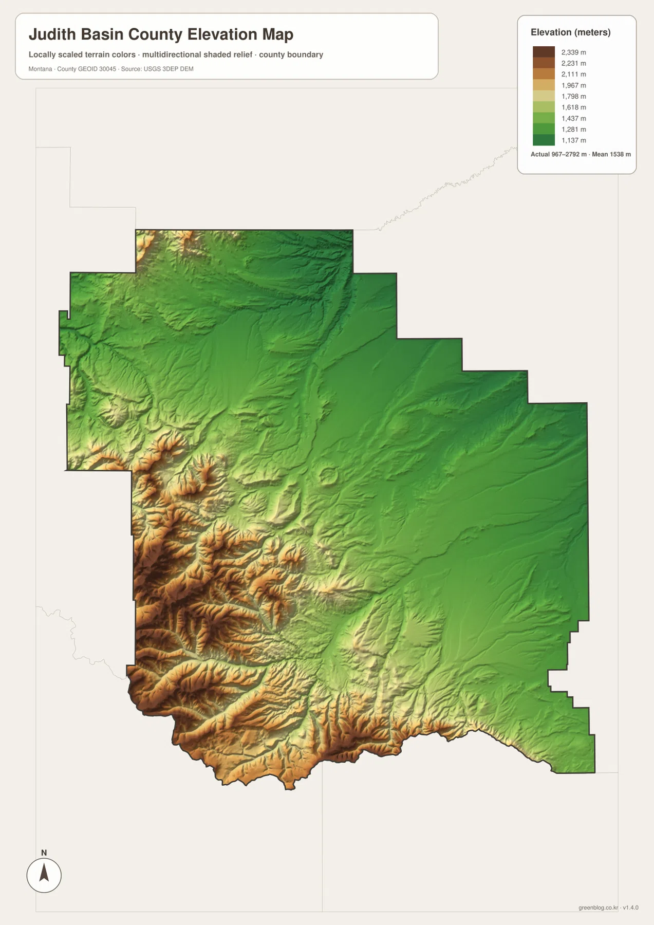 Judith Basin County Montana elevation map showing an actual range of 967 to 2792 meters and a mean of 1538 meters