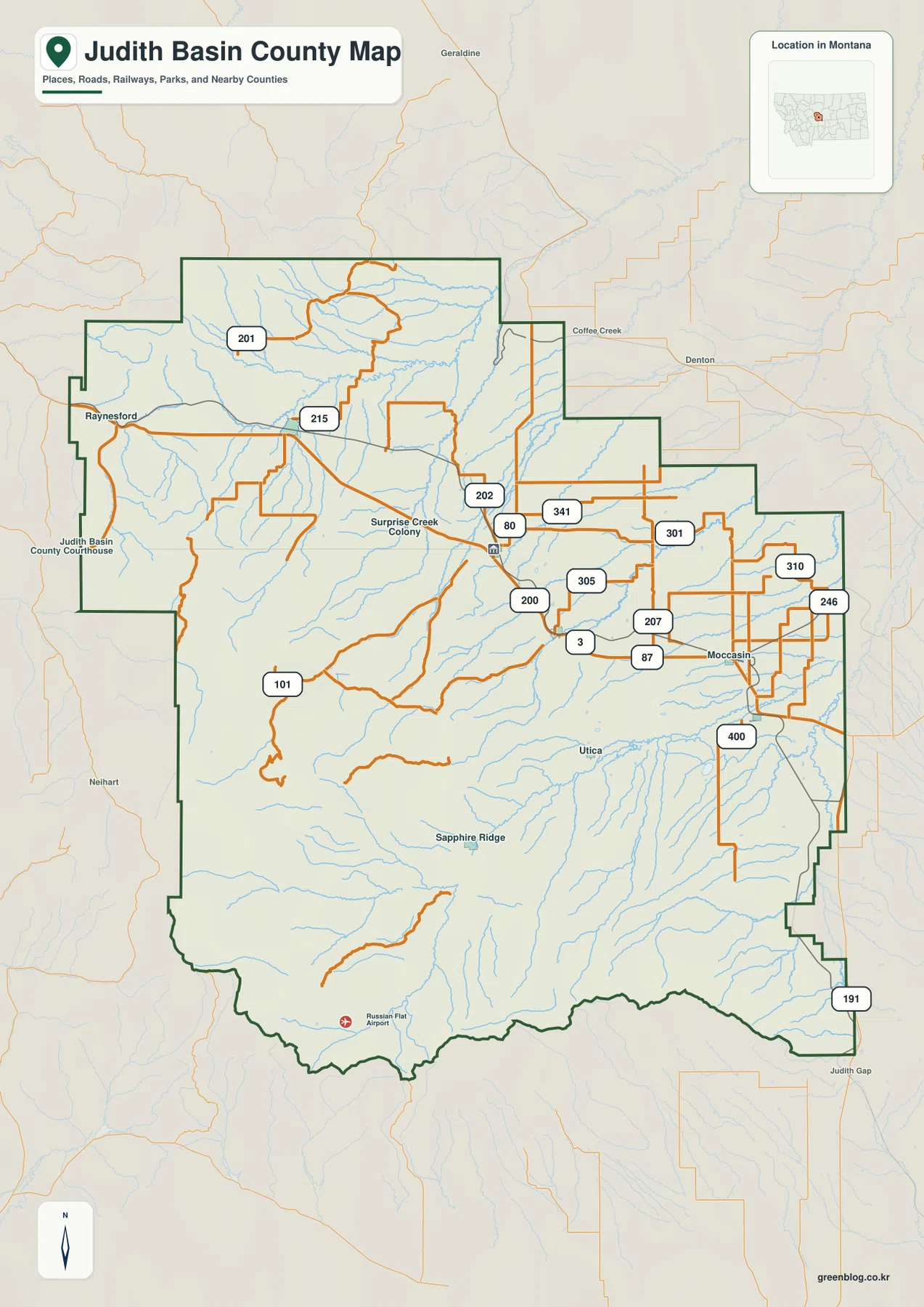 Judith Basin County Montana map showing Stanford, Hobson, Raynesford, Utica, Route 200, and major roads