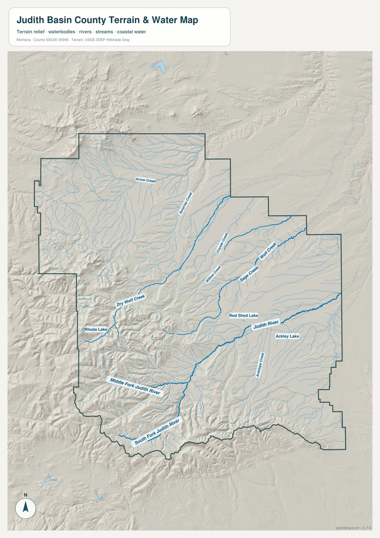 Judith Basin County terrain and water map showing Judith River, Sage Creek, Dry Wolf Creek, Middle Fork Judith River, and Ackley Lake