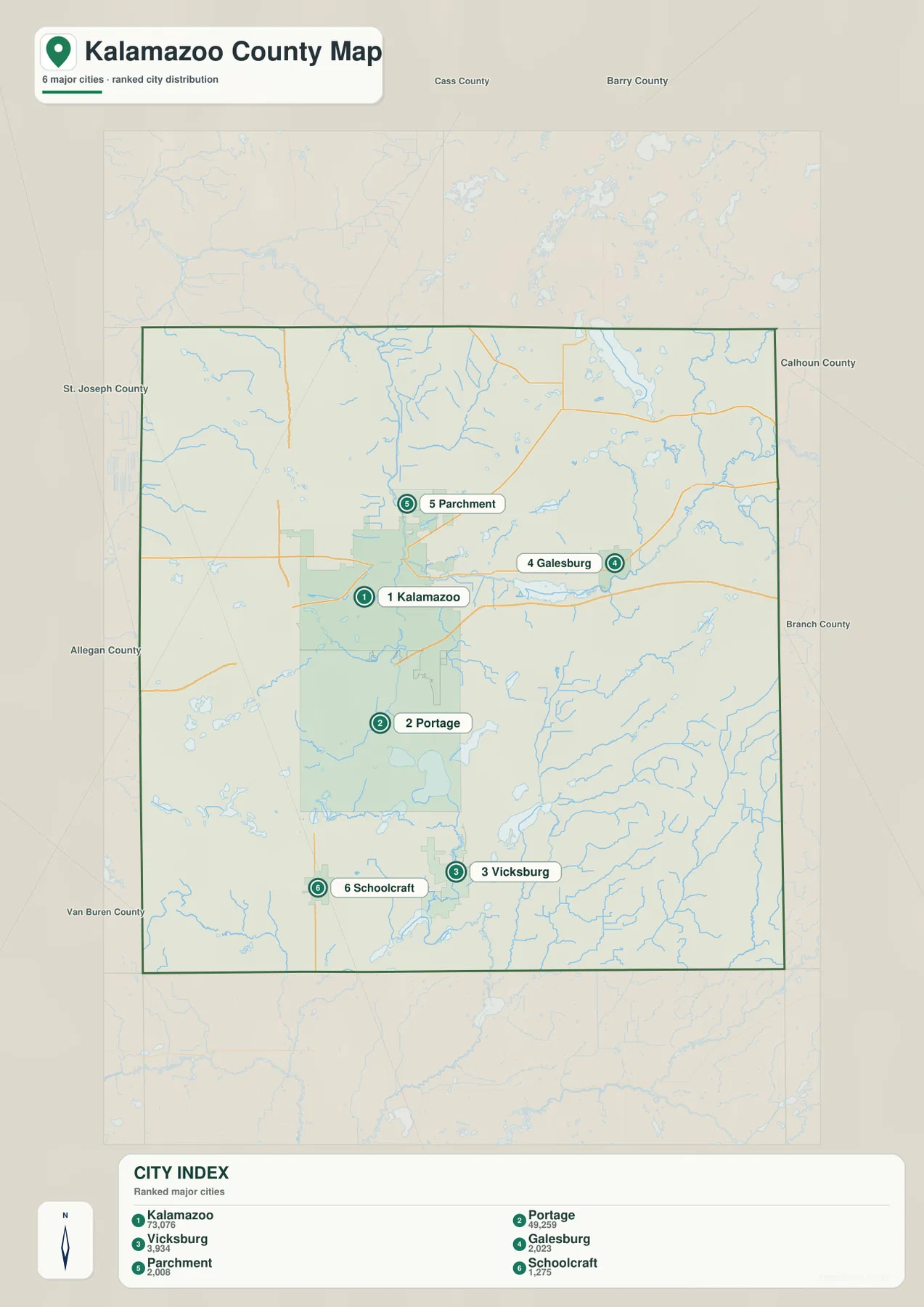 Kalamazoo County city map showing Kalamazoo, Portage, Vicksburg, Galesburg, Parchment, and Schoolcraft