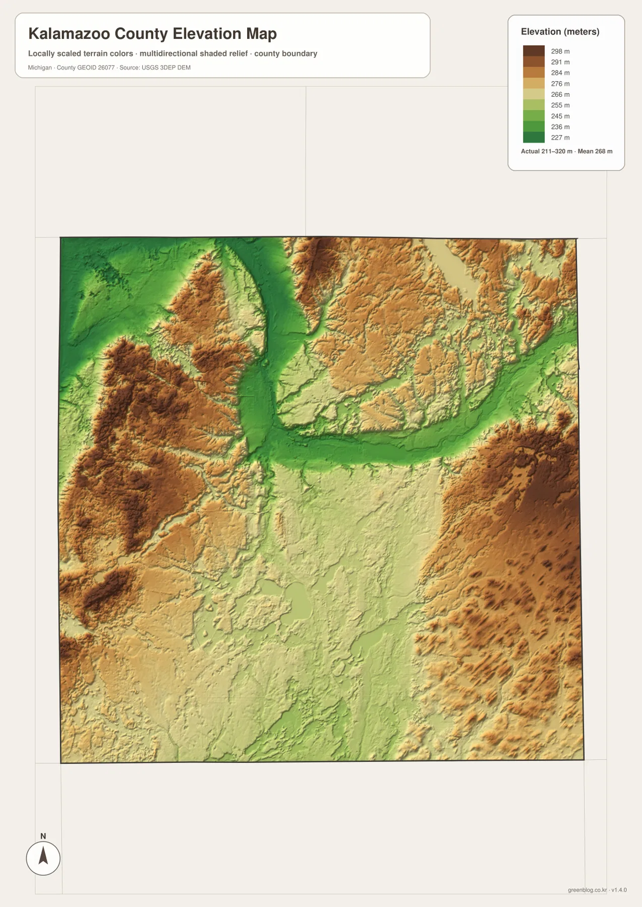 Kalamazoo County elevation map showing approximately 211 to 320 meters, a central low corridor, and higher western and eastern uplands