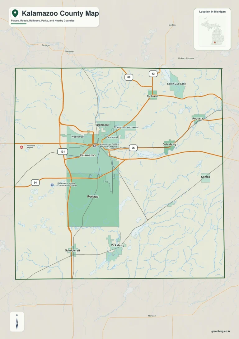칼라마주 카운티 지도(Kalamazoo County) – Kalamazoo·Portage와 Gull Lake·Kalamazoo River