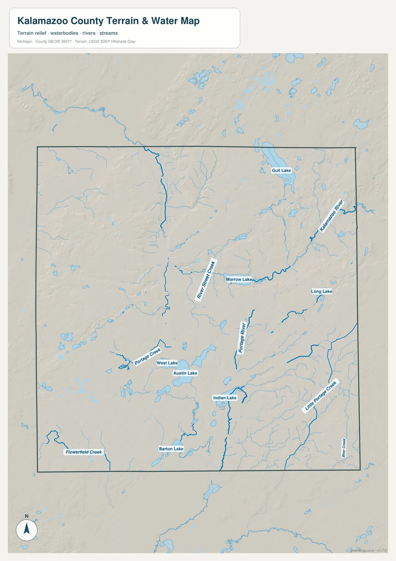 Kalamazoo County water map showing Gull Lake, the Kalamazoo River, Morrow Lake, West Lake, Austin Lake, Indian Lake, and named streams