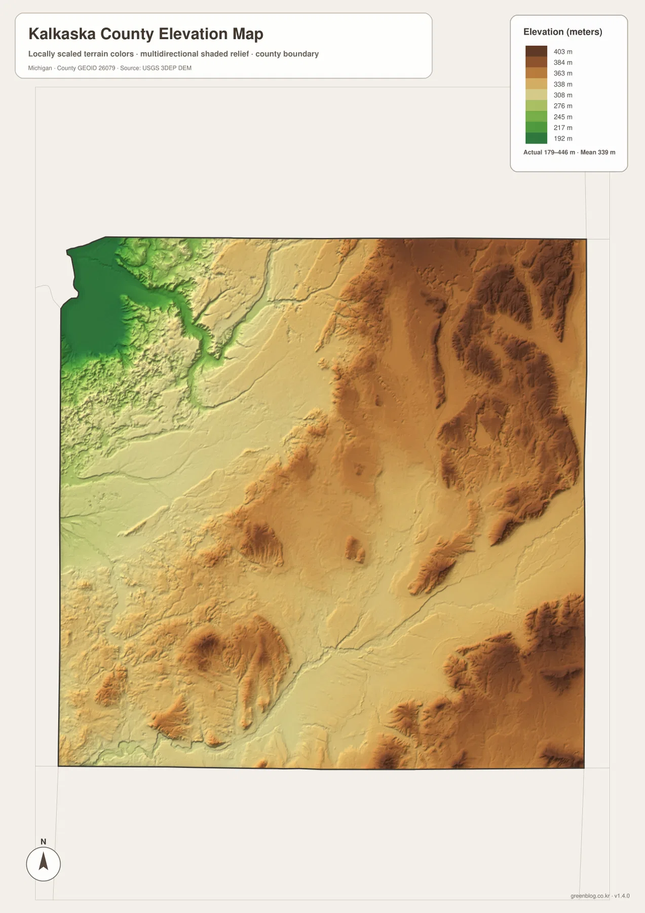 Kalkaska County elevation map showing an actual range of about 179 to 446 meters, a low northwest, and high northeastern and eastern uplands