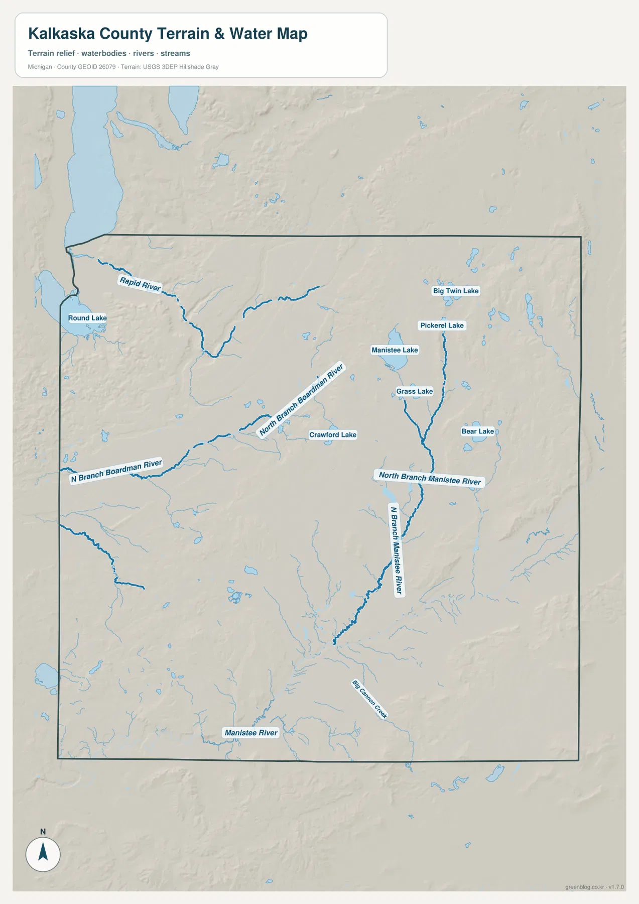 Kalkaska County terrain and water map showing Rapid River, North Branch Boardman River, North Branch Manistee River, Manistee Lake, Bear Lake, Grass Lake, Pickerel Lake, and Big Twin Lake
