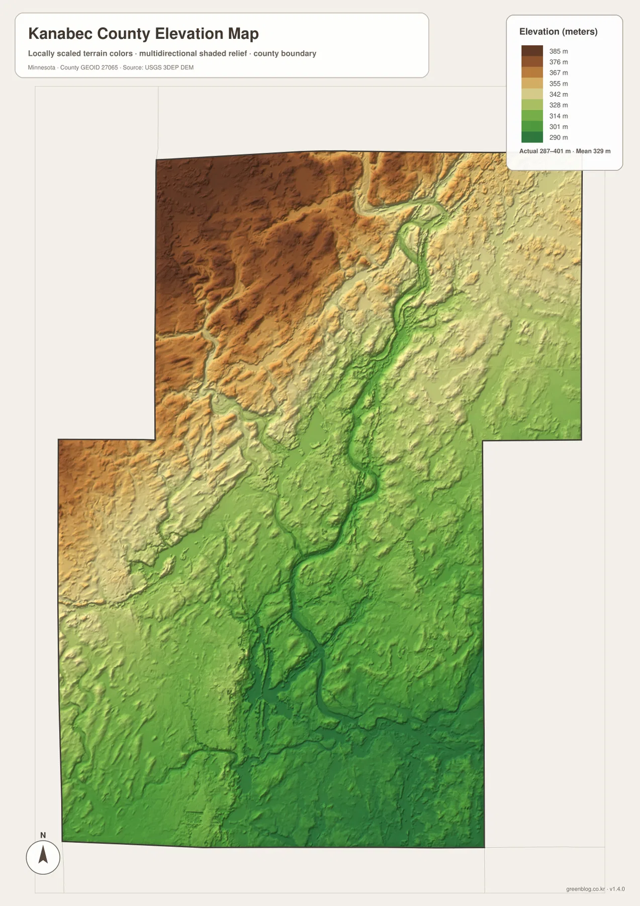 Kanabec County elevation map showing approximately 287 to 401 meters, high northwest terrain and the lower Snake River valley