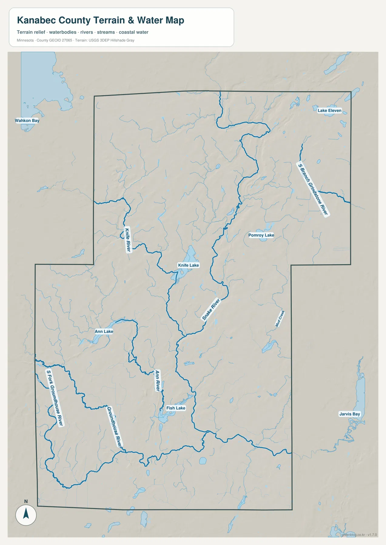 Kanabec County water map showing the Snake River, Knife River, Ann River, Groundhouse River, Knife Lake and Fish Lake