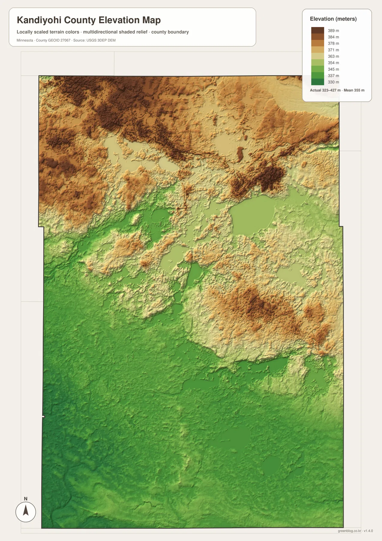 Kandiyohi County elevation map showing approximately 323 to 427 meters, higher northern terrain and lower central and southern areas