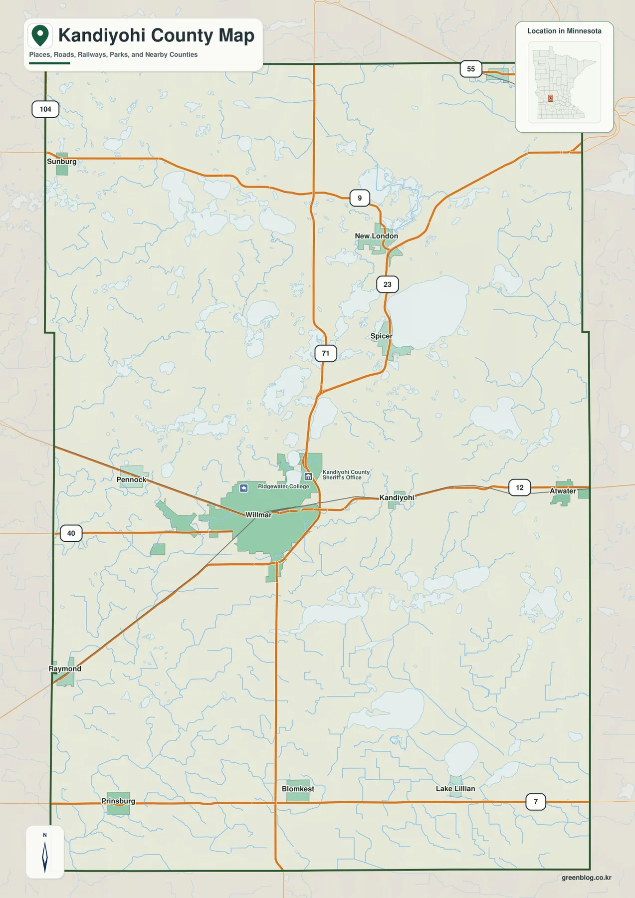 Kandiyohi County map showing Willmar, Spicer, New London, Atwater, Raymond, Prinsburg and major roads