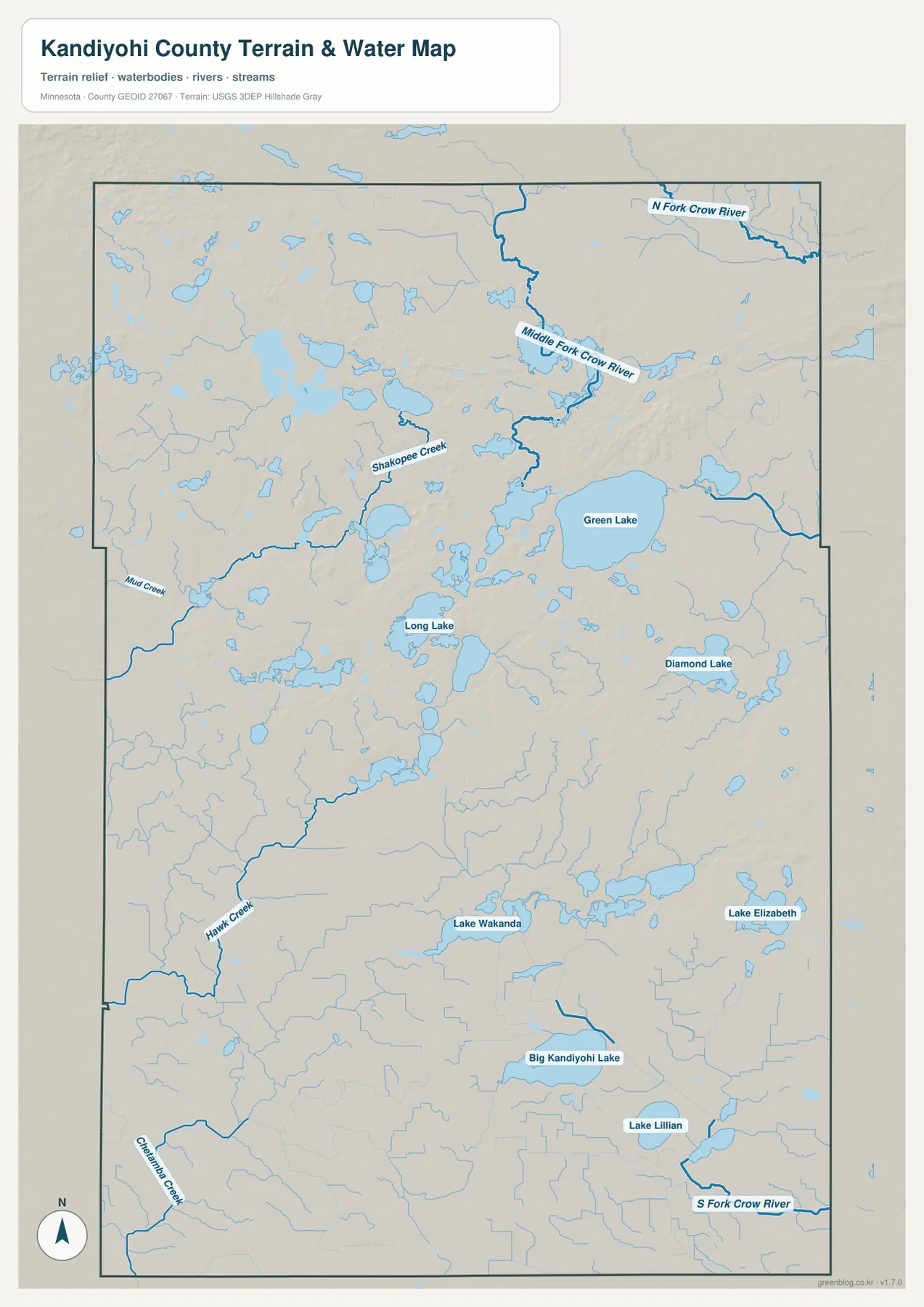 Kandiyohi County water map showing Green Lake, North Fork Crow River, Middle Fork Crow River, Long Lake, Diamond Lake and major streams